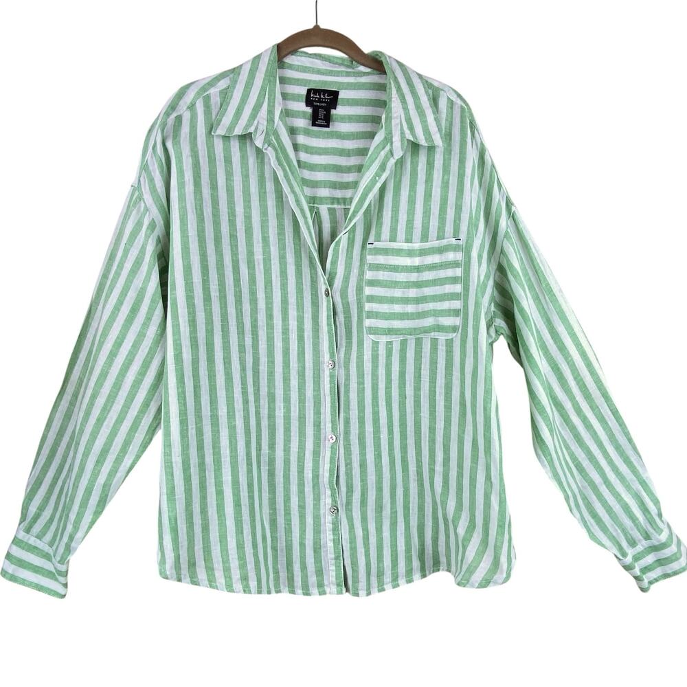 100% Linen Striped Shirt Size L Green White Beach Resort Summer Oversized